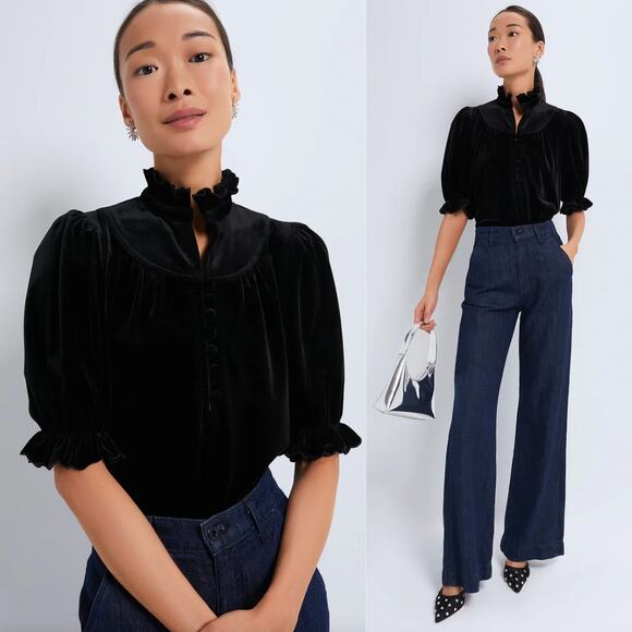 Pomander PlaceBlack Velvet Selena Blouse Victorian Puff Sleeve Top XXS